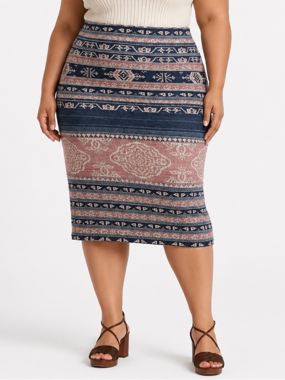 NEW Lauren Ralph Lauren XXL Blue Pink Linen Blend Southwestern Knit Pencil Skirt